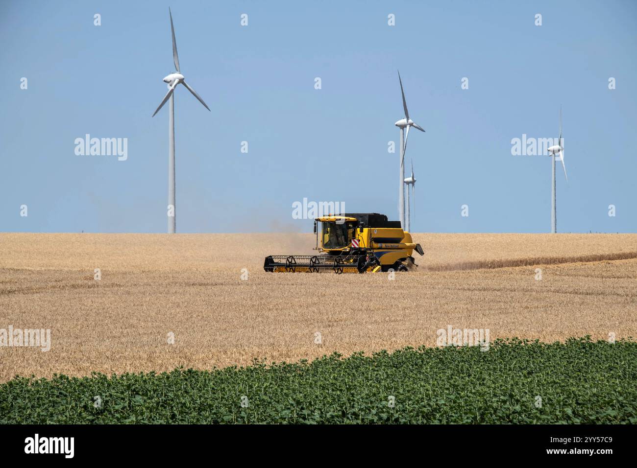 Péré-Saint-Pierre-la-Noue, Aunis-Ebene (Mittelwestfrankreich): Ein Mähdrescher auf einem Gerstenfeld vor Windturbinen unter der Junisonne, A Stockfoto