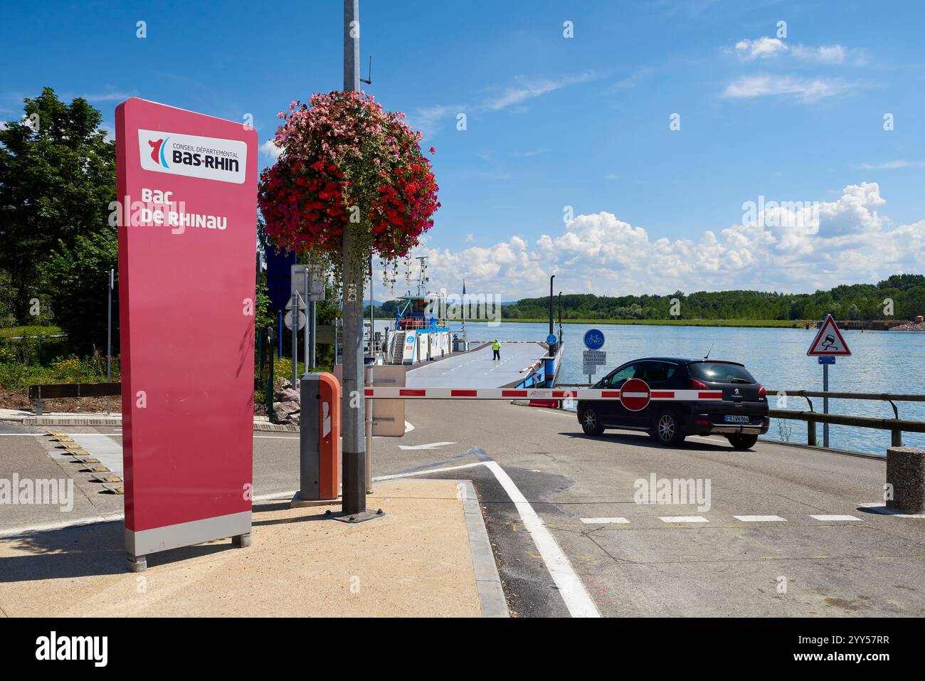Rhinau (Nordostfrankreich): Überquerung der deutsch-französischen Grenze mit der Rheinfähre. Grenzüberschreitender Selbstfahrer. Autos an Bord Stockfoto