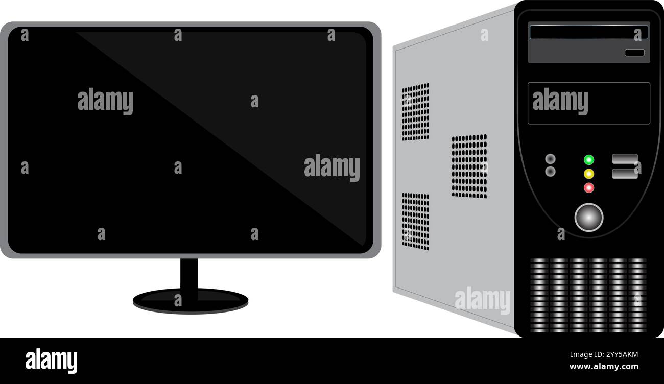 CPU- und LED-Monitor mit schwarzer und silberner Farbe auf weißem Hintergrund Stock Vektor