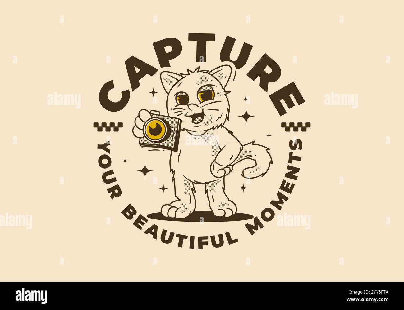 Halten Sie Ihren schönen Moment fest. Vintage Maskottchen Charakter einer stehenden Katze, die eine Taschenkamera hält Stock Vektor Halten Sie Ihren schönen Moment fest. Vintage Maskottchen Charakter einer stehenden Katze, die eine Taschenkamera hält Stock Vektor