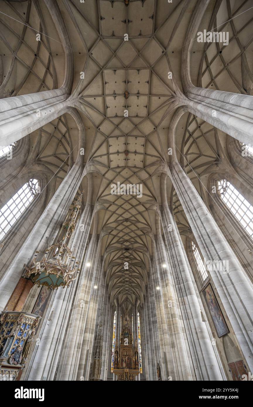 Netzgewölbe mit Chor der spätgotischen Hallenkirche St. Georg, Dinkelsbüehl, Bayern, Deutschland, Europa Stockfoto