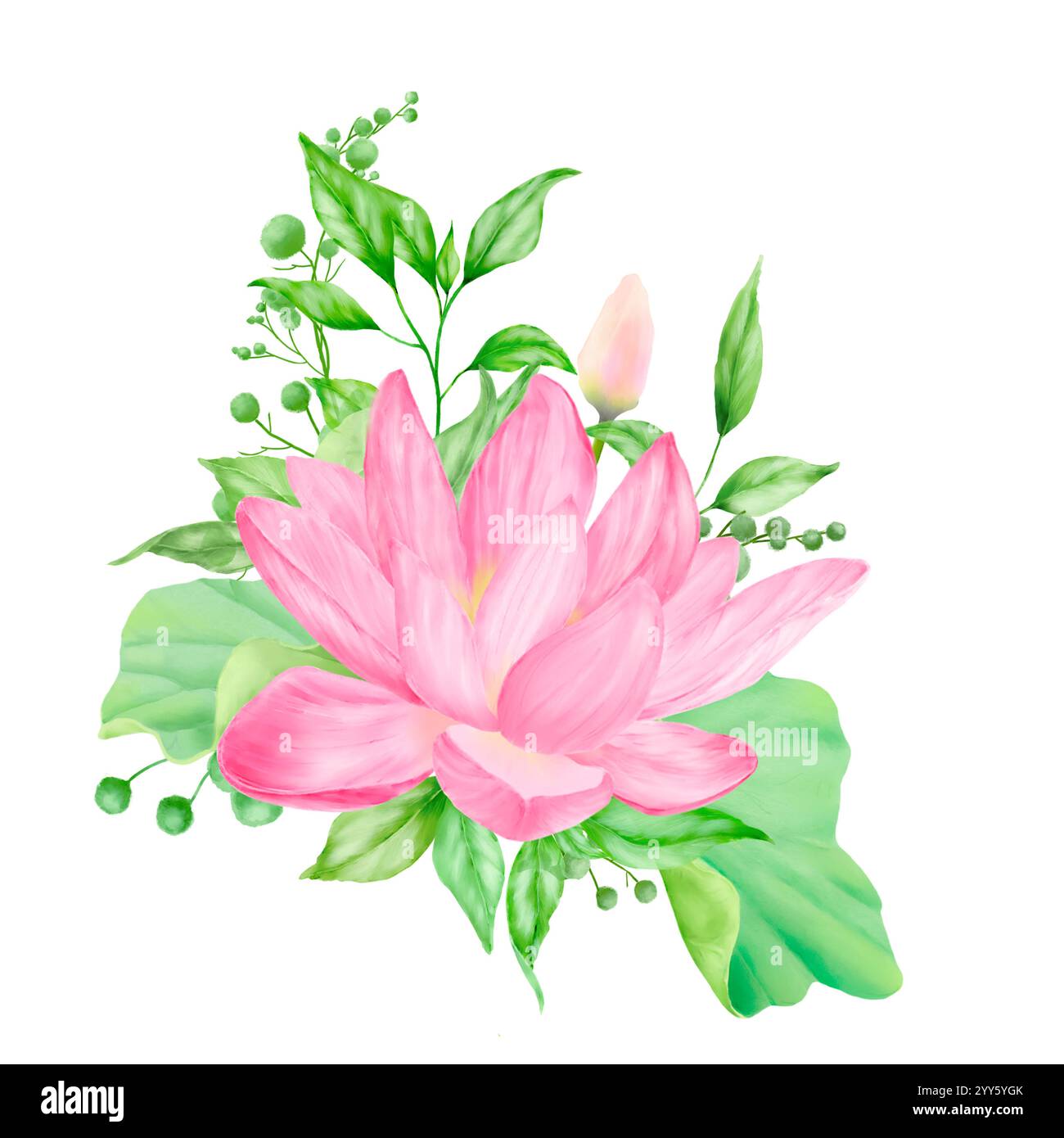 Blüten mit rosafarbenen Blüten und gelber Mitte in einem Blumenstrauß mit grünen Blättern und Zweigen. Aquarell und digitale Illustration. Seerose mit einer Knospe iso Stockfoto