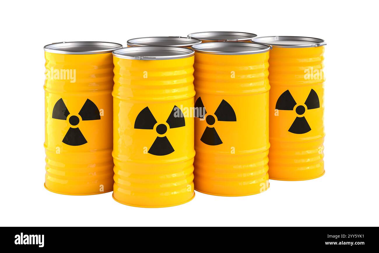 Gruppe gelbe Fässer transparenter Hintergrund nukleare Abfälle 3d Stockfoto