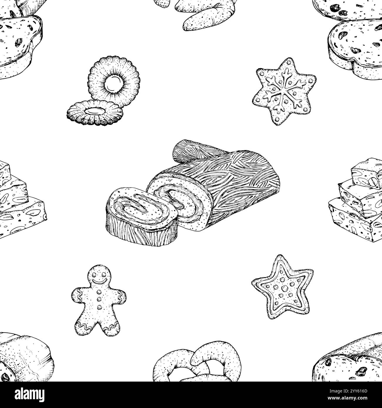 Nahtloses handgezeichnetes Vektormuster festlicher Weihnachtsgeschenke. Lebkuchenkekse, Schweizer Brötchen, Nougat und Vanillenkekse. Schwarz-weiß Stock Vektor