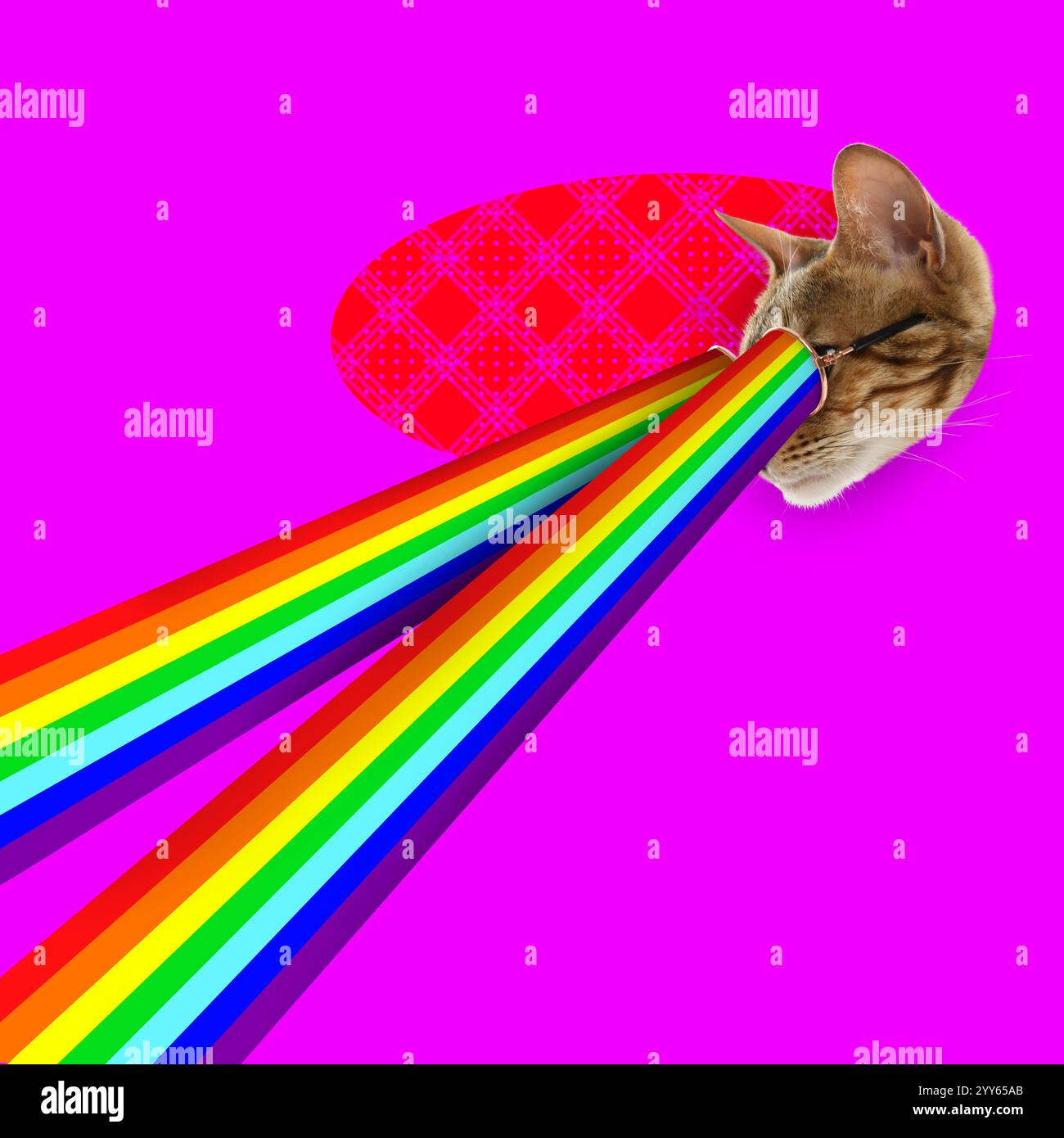 Katze in Sonnenbrille mit Regenbogenlasern aus Augen auf magentafarbenem Hintergrund, kreative Collage. Stilvolles Poster Stockfoto
