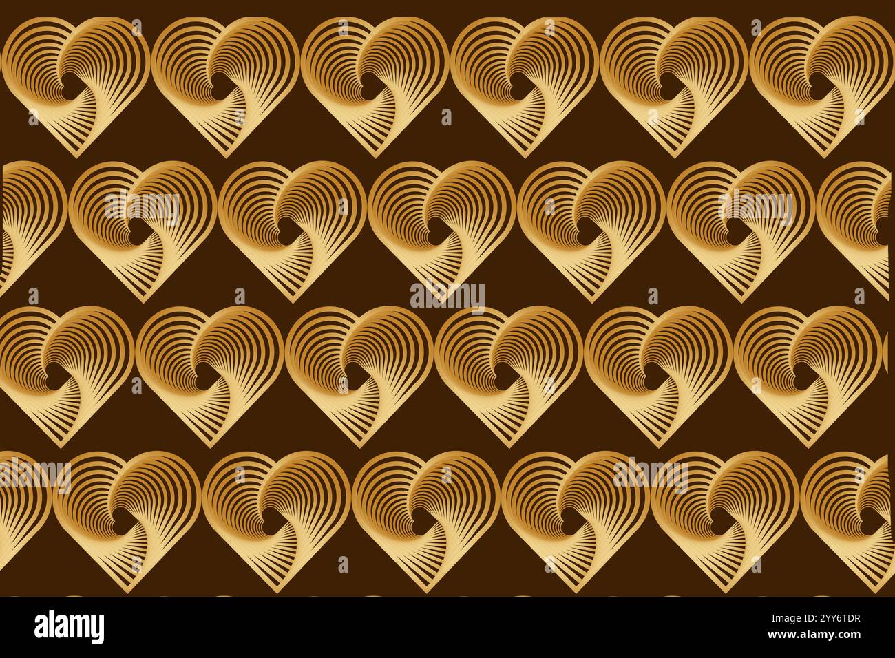 Eleganter Hintergrund mit goldenen Herz-Farbverlauf mit Spiralmotiven auf dunkelbraunem Hintergrund. Stockfoto