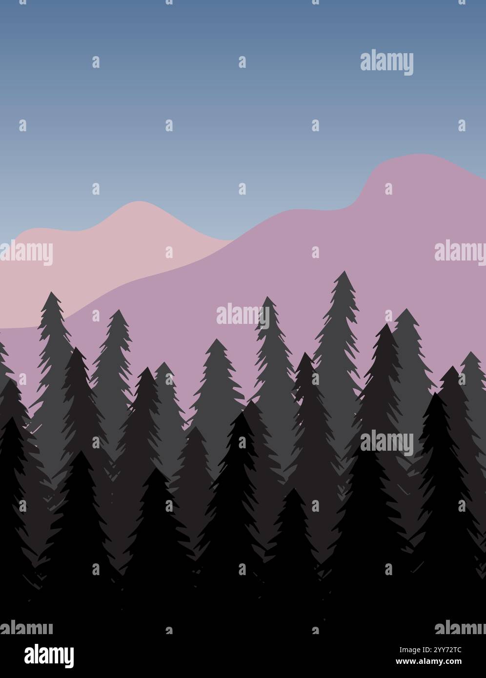 Vektorfarbene flache Zeichentricklandschaft mit Fichtenwald und Bergen Stock Vektor