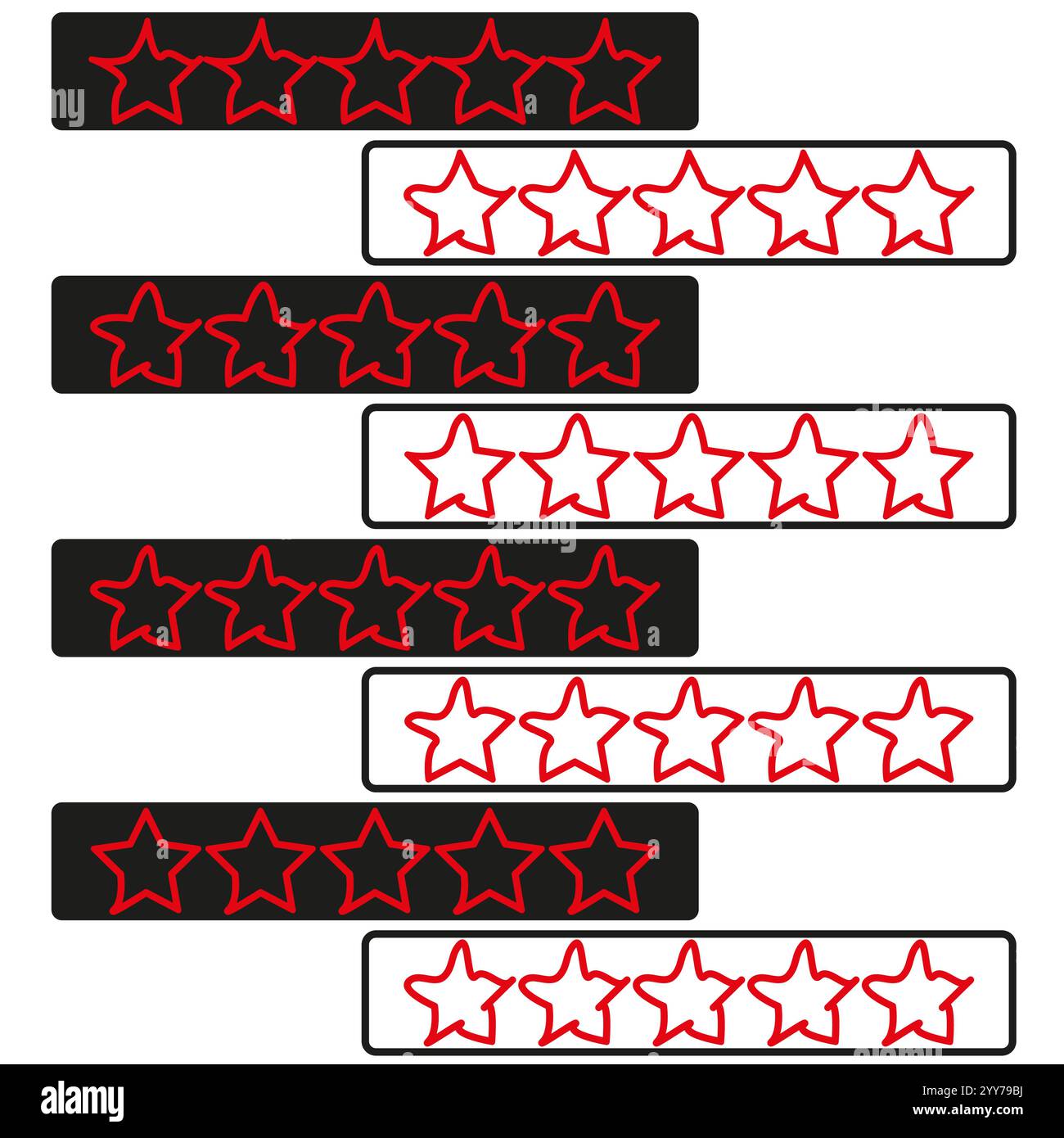 Sterneeinstufung. Rot umrandete Sterne. Bewertungszeile mit Einstufung. Vektorabbildung. Stock Vektor