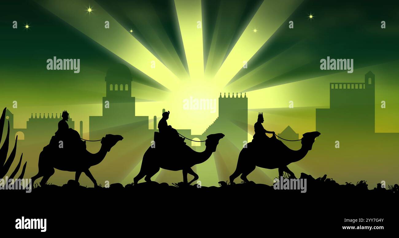 Bild der Silhouette von drei Weisen auf Kamelen über Stadtbild auf grünem Hintergrund. Weihnachten, Feier und Tradition Konzept digital generiert i Stockfoto