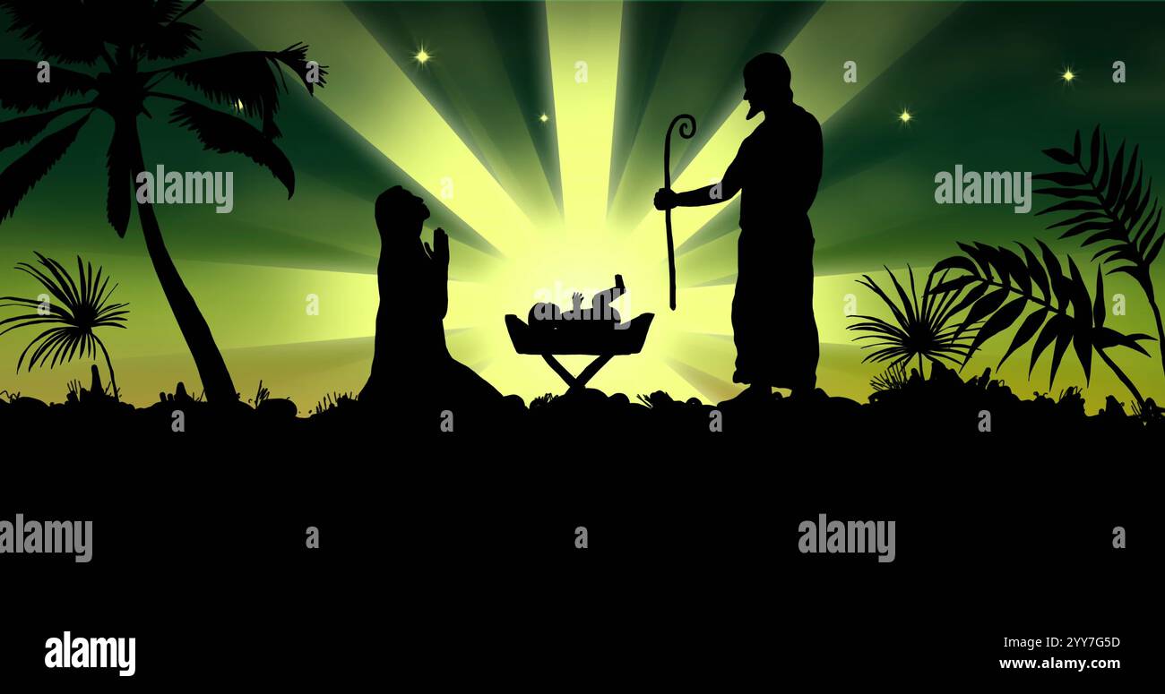 Bild der Silhouette der Krippe über dem Stern auf grünem Hintergrund. Weihnachten, Feier und Tradition Konzept digital generiertes Bild. Stockfoto