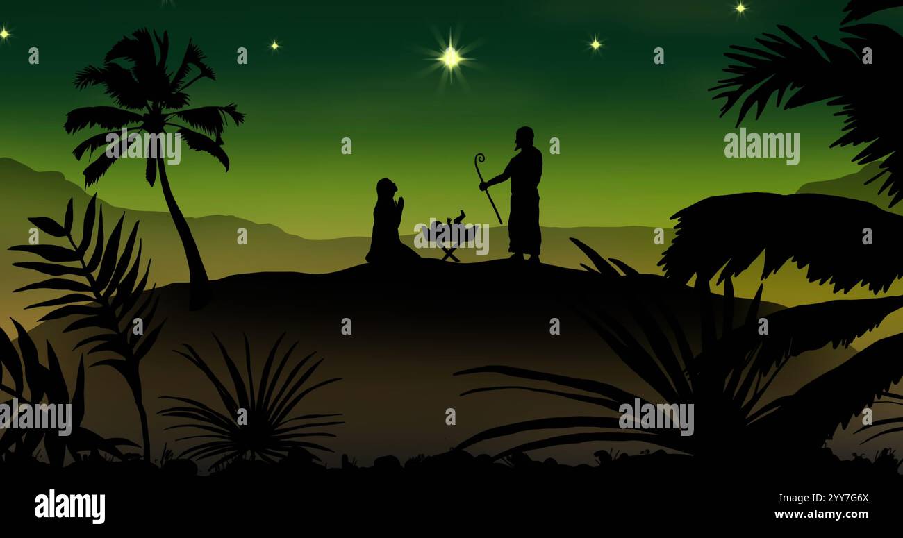 Bild der Silhouette der Krippe auf grünem Hintergrund. Weihnachten, Feier und Tradition Konzept digital generiertes Bild. Stockfoto