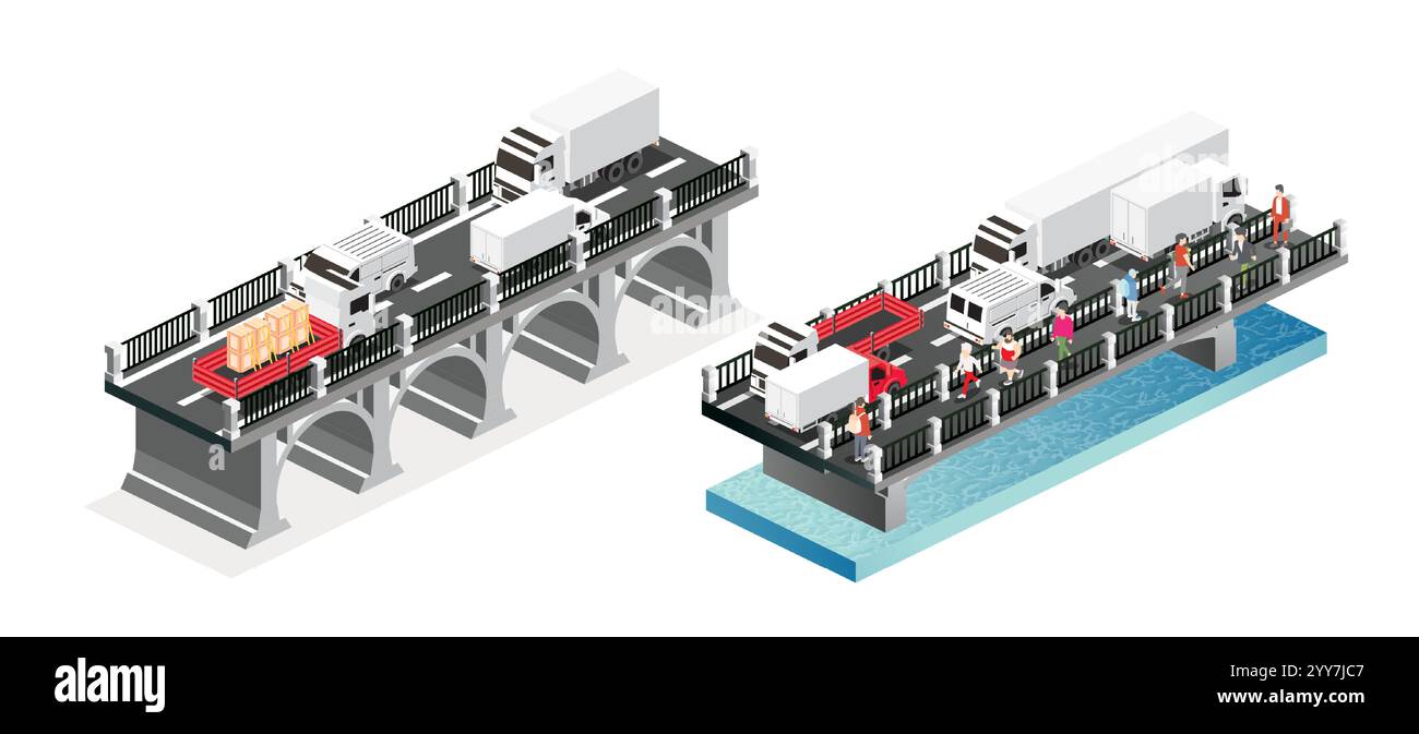 Isometrie Brücken mit Lkw, Transportern und Fußgängern. Vektorabbildung. Straßensymbol. Städtische Infrastruktur. Autobahnbrücke. Autos, die auf einer Brücke fahren. Stock Vektor