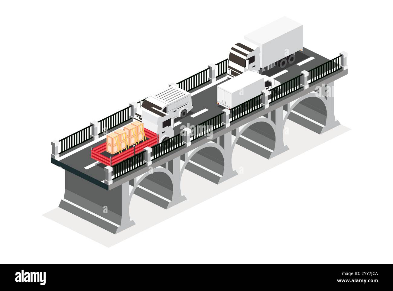 Isometrische Umrissbrücke mit Lkw und Transporter. Vektorabbildung. Straßensymbol. Städtische Infrastruktur. Autobahnbrücke. Autos, die auf einer Brücke fahren. Stock Vektor