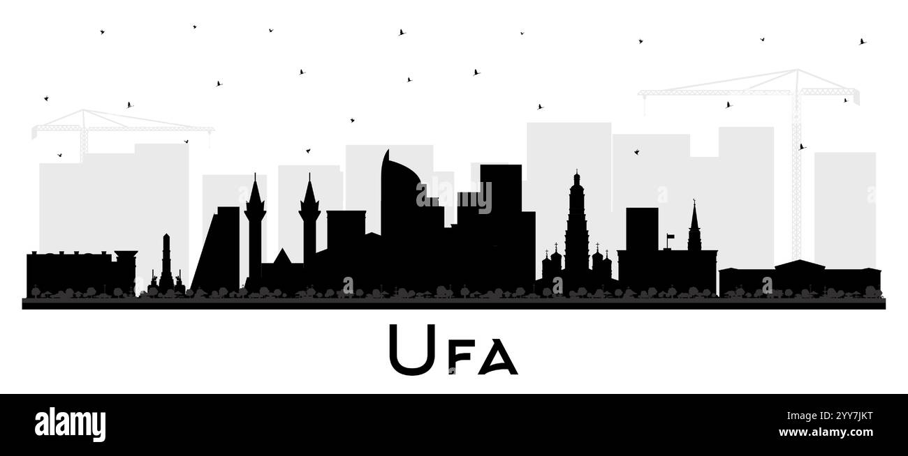 UFA Russland Skyline Silhouette mit schwarzen Gebäuden isoliert auf weiß. Vektorabbildung. UFA-Stadtbild mit Wahrzeichen. Geschäftsreisen und Tour Stock Vektor