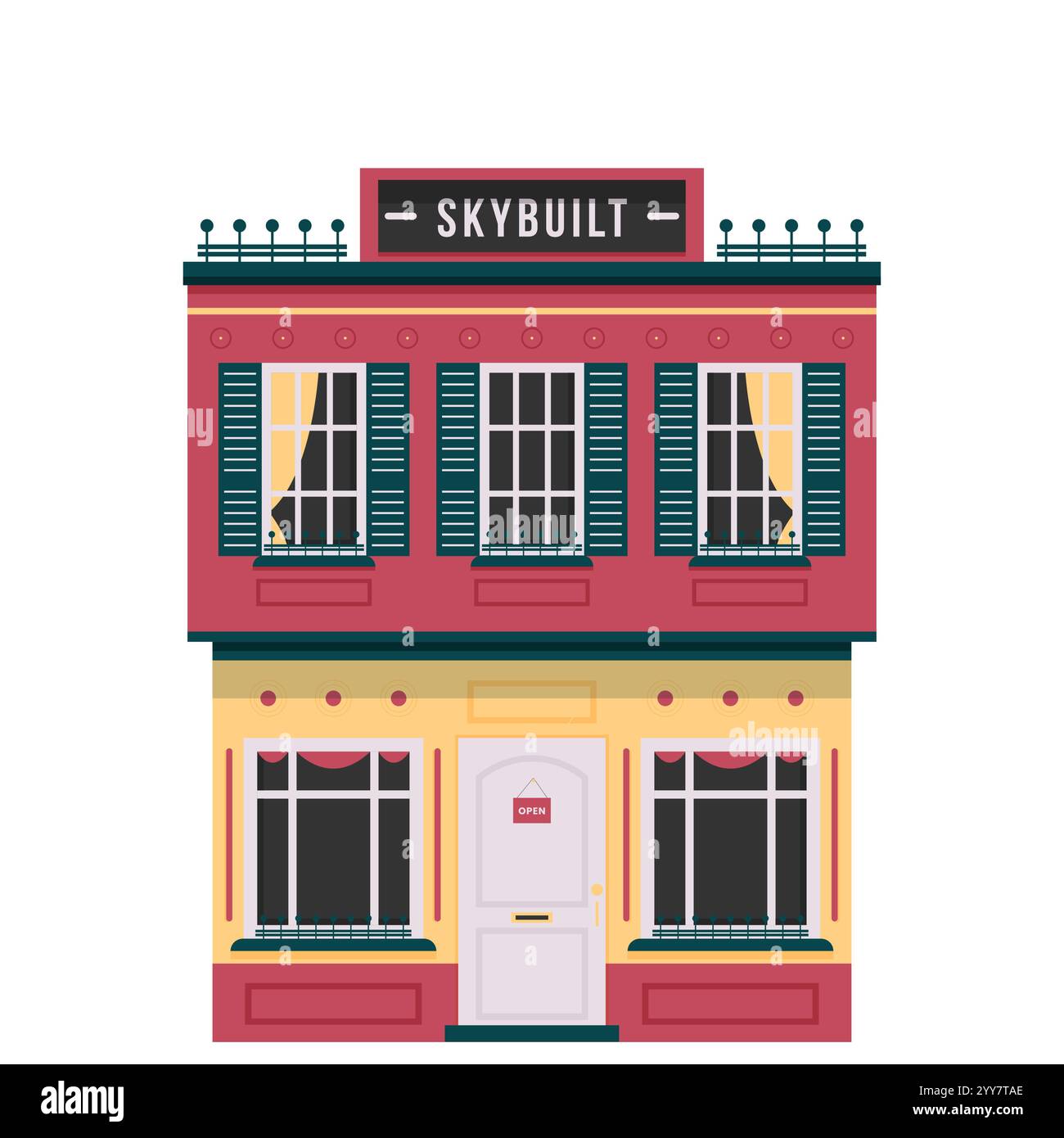 Städtisches Haus in flachem Design. Dreistöckiges Gebäude in europäischem Stil mit Vorderansicht mit Dach mit Türen und Fenstern. Vektorillustration isoliert auf weißem Hintergrund. Stock Vektor