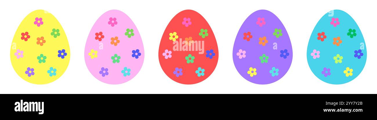 Farbenfrohe Ostereier mit Blumenmustern in Gelb, Rosa, Rot, Lila und Blau. Flache Abbildung isoliert auf weißem Hintergrund Stockfoto