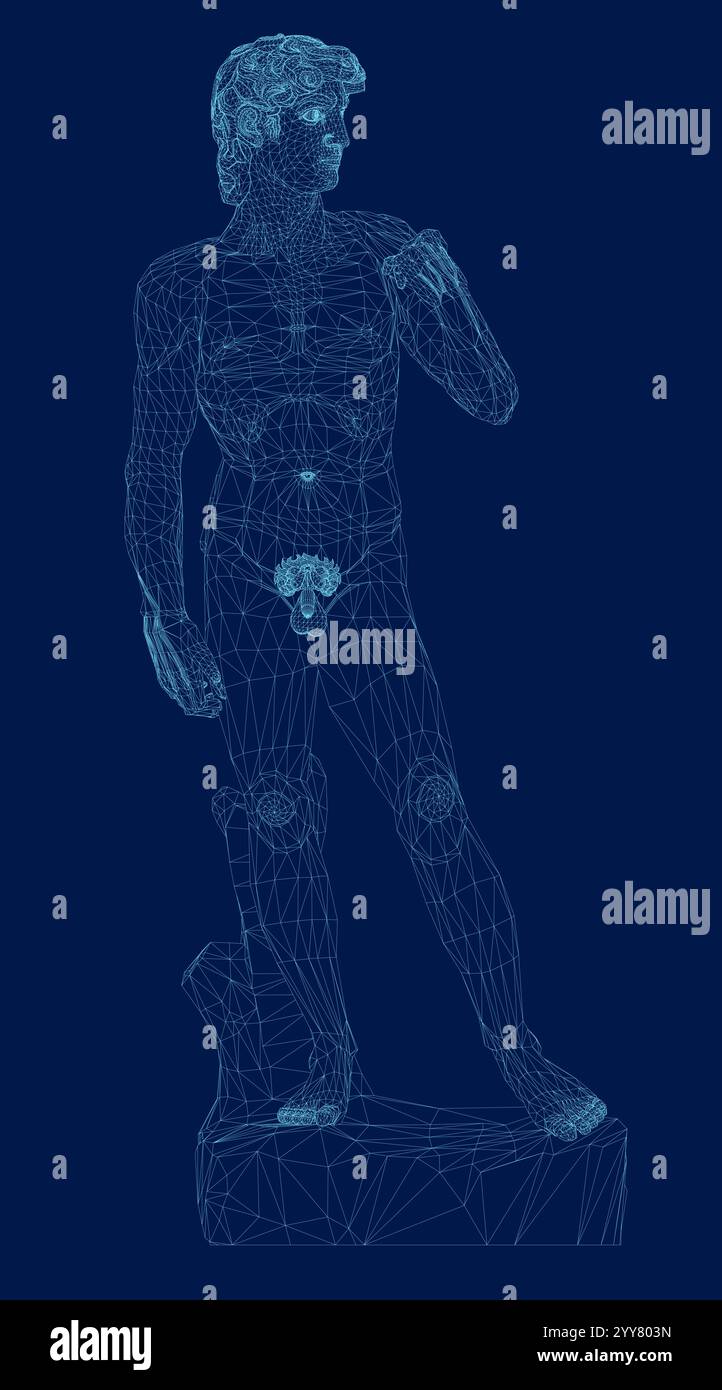 Drahtmodell-david-Statue von Michelangelo auf blauem Hintergrund. 3D. Vektorabbildung Stock Vektor