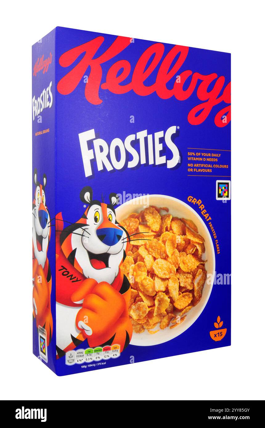 Schachtel Kellogg's Frosties, zuckergattierte Maisflocken, angereichert mit Vitaminen und Eisen in einer 470-g-Schachtel Stockfoto