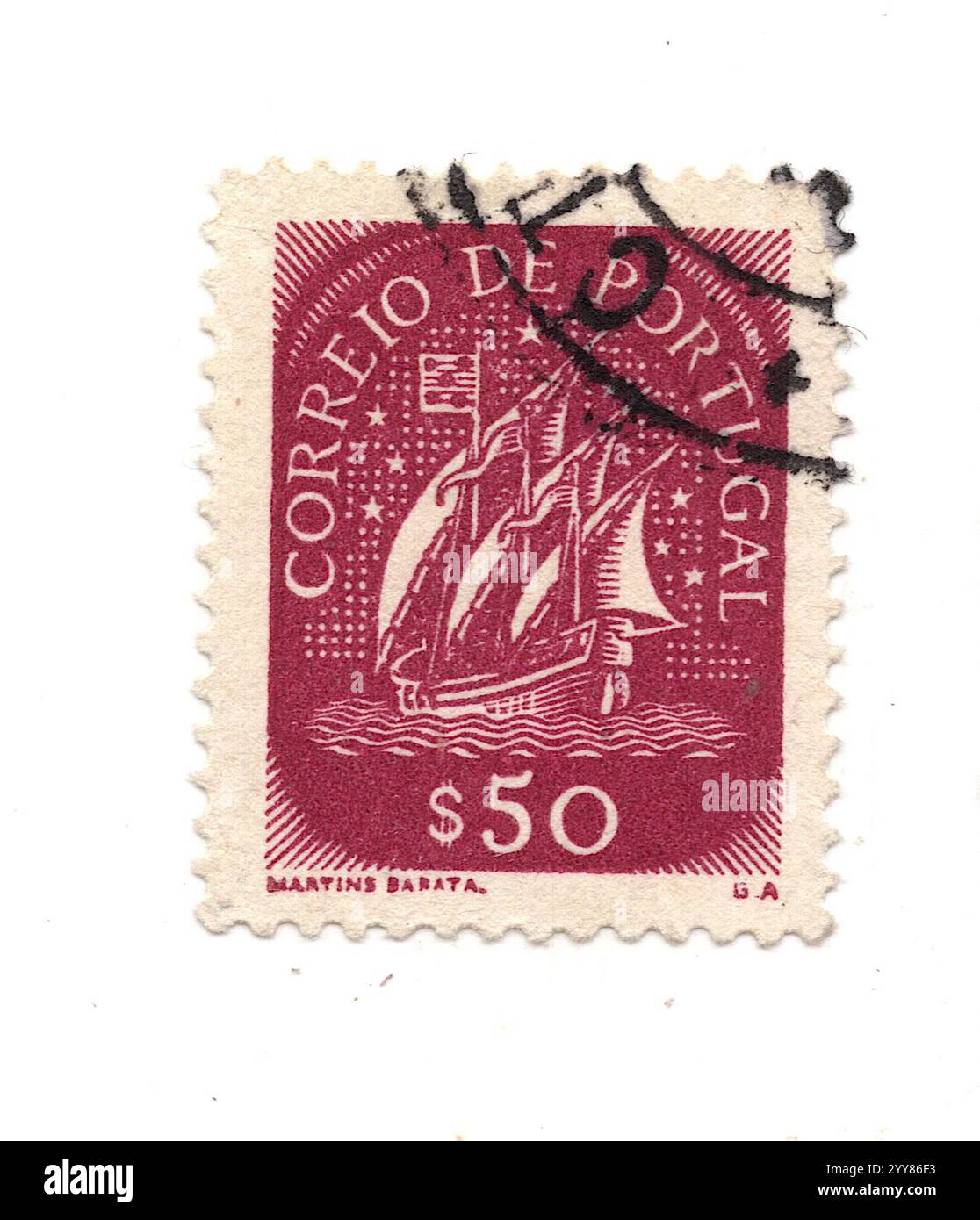 Eine alte Briefmarke aus Portugal, isoliert auf weißem Hintergrund. Stockfoto