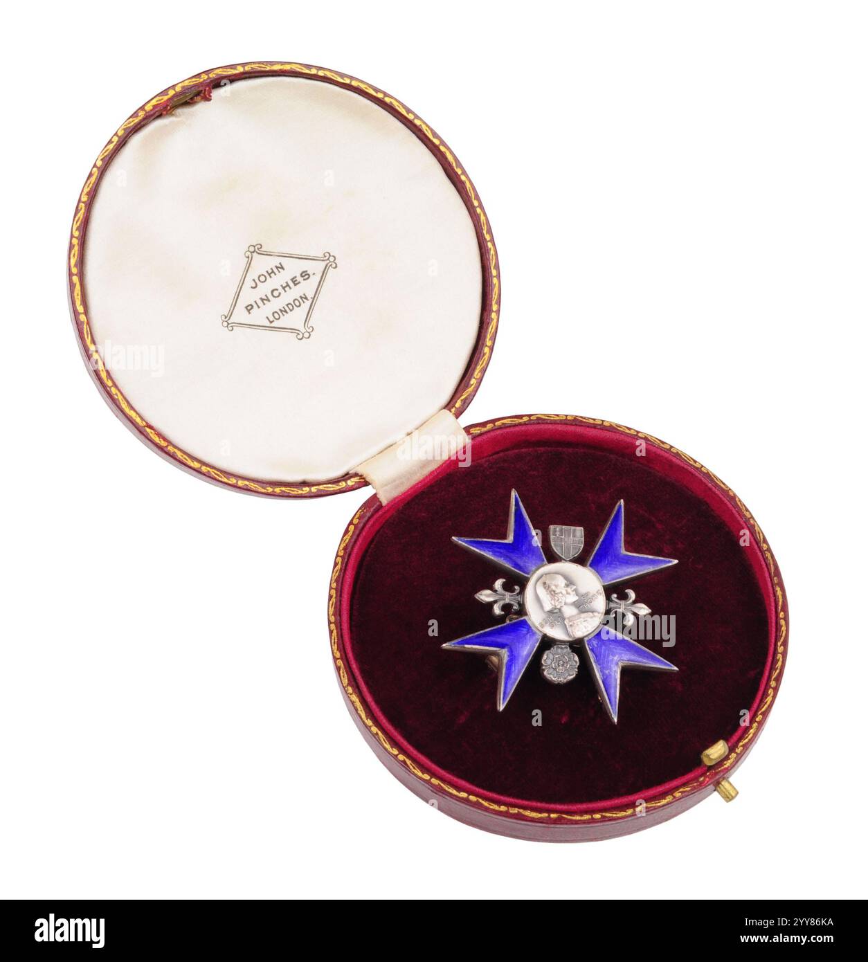 Florenz Nachtigall Schule der Krankenpflege blaues Emailabzeichen in einer Lederdose mit Blattgold geprägtem Text Stockfoto