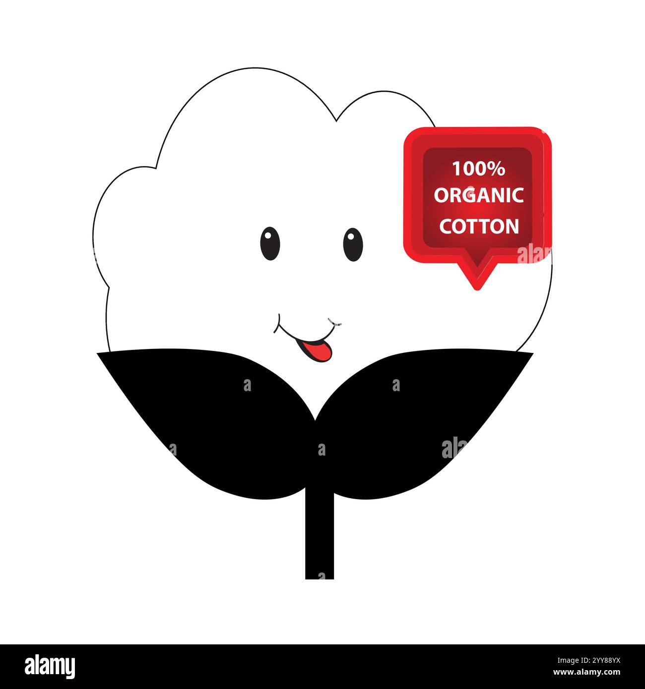 Niedliche Baumwollblume mit Augen und Mund und eine rote Sprechblase mit der Botschaft aus 100 % Bio-Baumwolle Stock Vektor