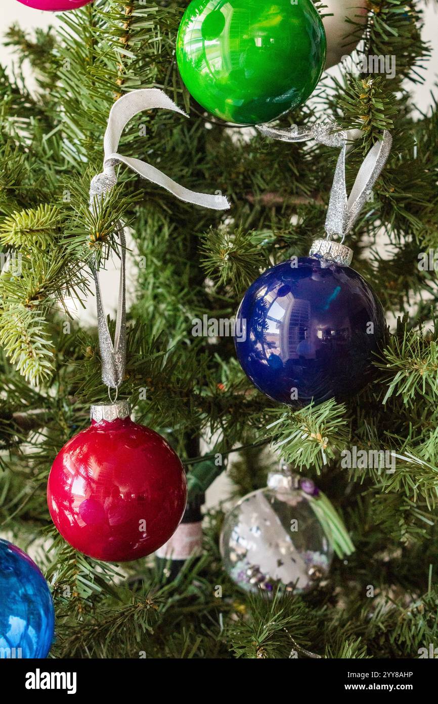 Grüne, blaue und rote Ornamente hängen an Weihnachtsbaumzweigen Stockfoto