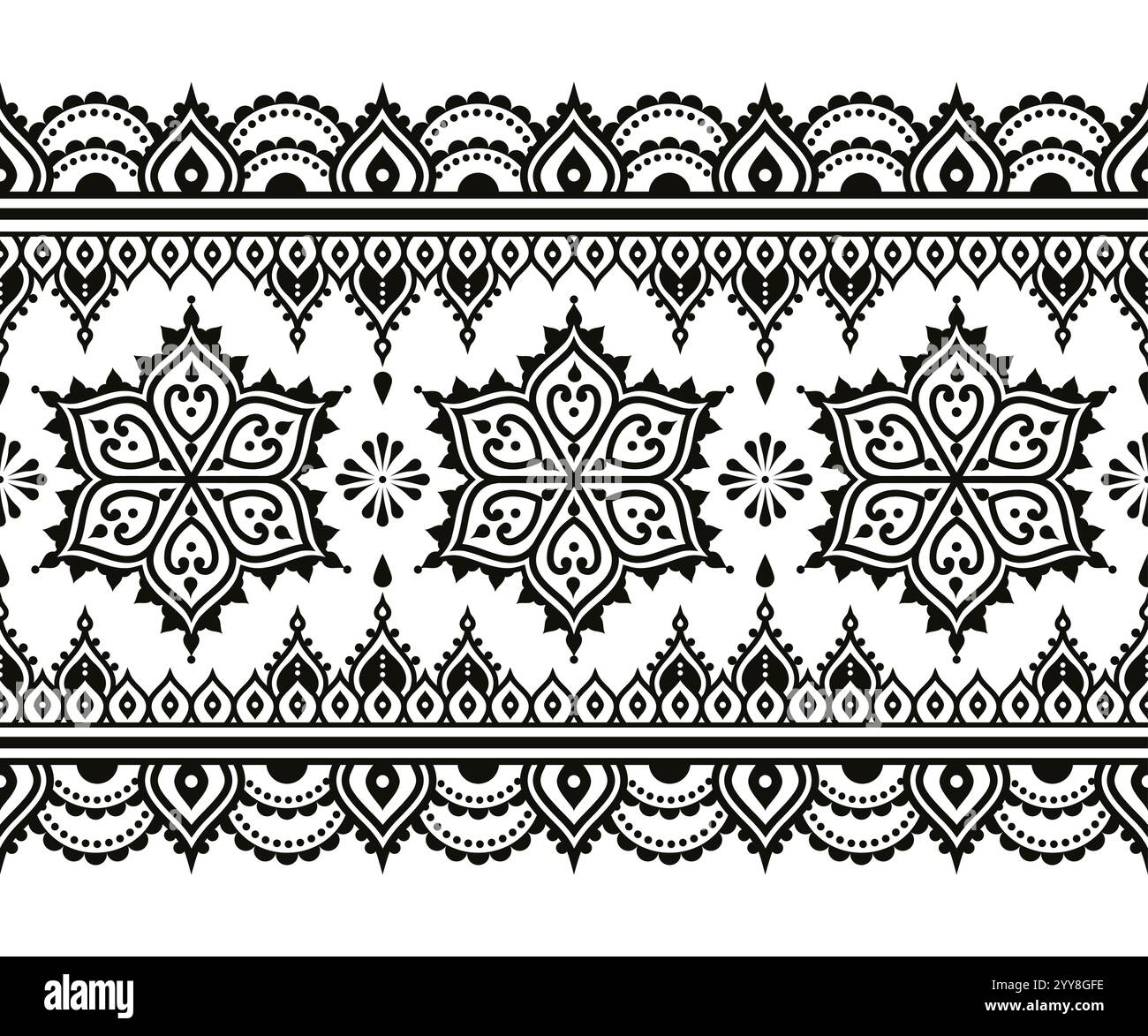 Indisches Mehndi Tattoo-Stil inspiriertes nahtloses Vektor-Muster in Schwarz und weiß - dekorativer Boho-Stil Stock Vektor