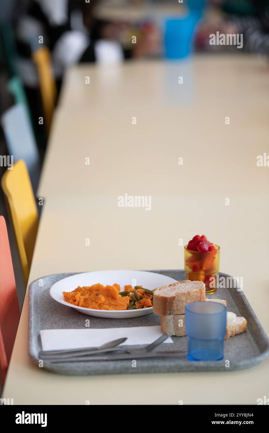 Institutionelles Catering: Schuljunge und Tablett mit einer Mahlzeit auf einem Tisch in einer Schulcafeteria *** örtlicher Titel *** Stockfoto