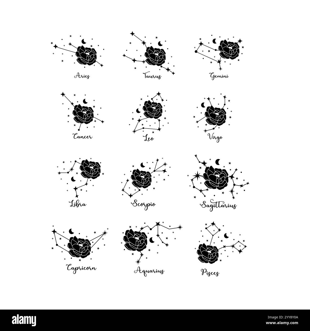 12 Sternzeichen mit Rosensilhouette, Mond und Sternen Stock Vektor