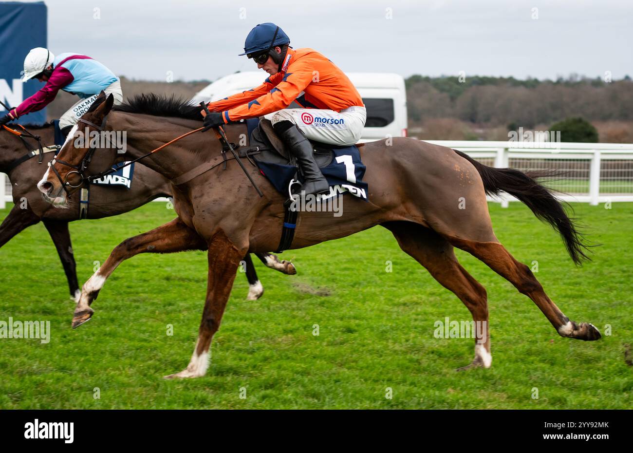 Ascot, Berkshire, Freitag, den 20. Dezember 2024; Belliano und Jockey Harry Cobden gewinnen die Howden Maiden Hürde für Trainer Paul Nicholls und Besitzer Bryan Drew & Partners & Mr. P. J. Vogt. Credit JTW equine Images / Alamy Live News Stockfoto