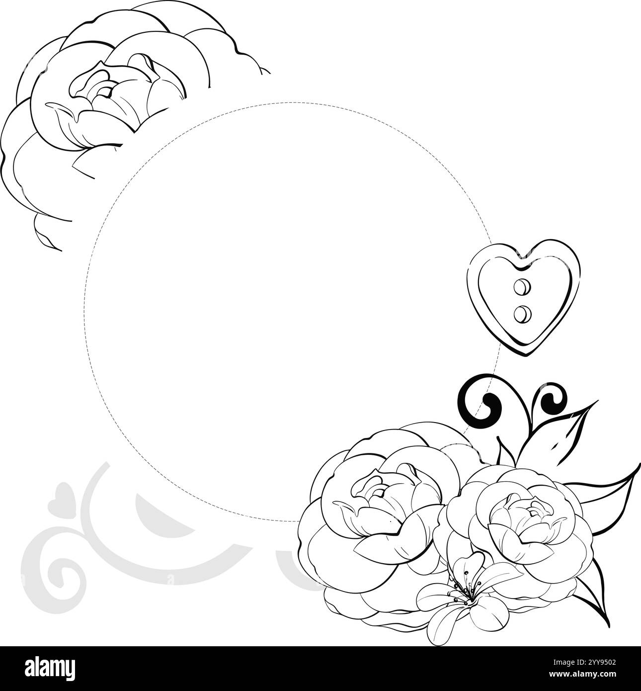 Romantische Rosen Kreisrahmen, Vorlage - schöne Blumen. Retro Old Fashion, Schneiderei für Postkarten, Stoff, Druck. Grafische Vektorlinie, handgezeichnet Stock Vektor