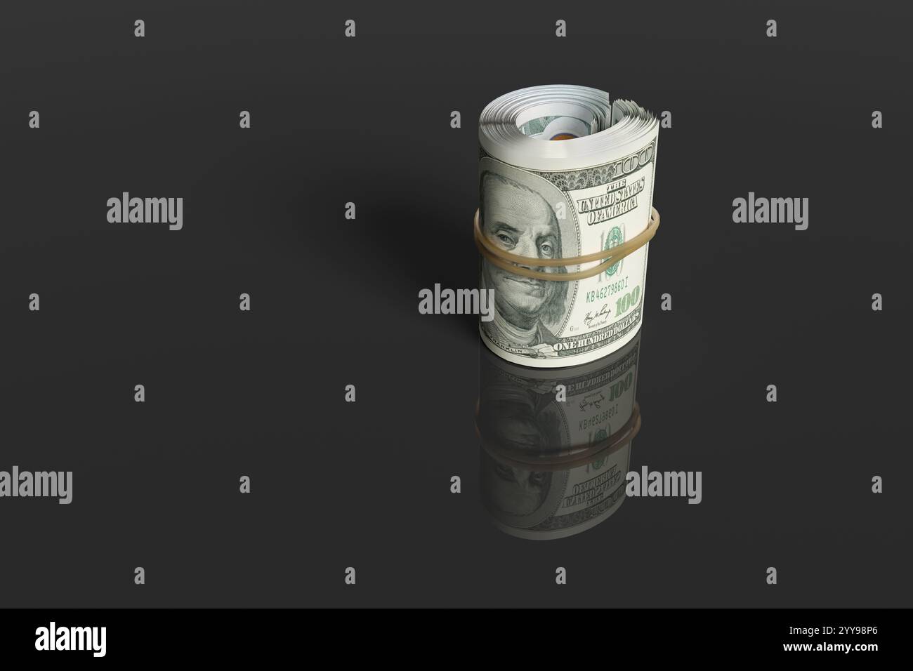 Geldrolle mit 100-Dollar-Scheinen auf reflektierendem schwarzem Hintergrund. Konzept der US-amerikanischen Bundesreserve, Finanzplanung, Wirtschaft und Devisen Stockfoto