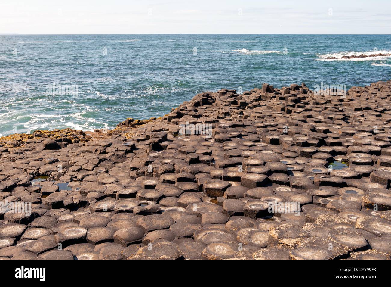 Eine felsige Küste mit einem großen Wasserkörper im Hintergrund. Die Felsen sind über die Küste verstreut und schaffen eine einzigartige und interessante Landschaft. Stockfoto