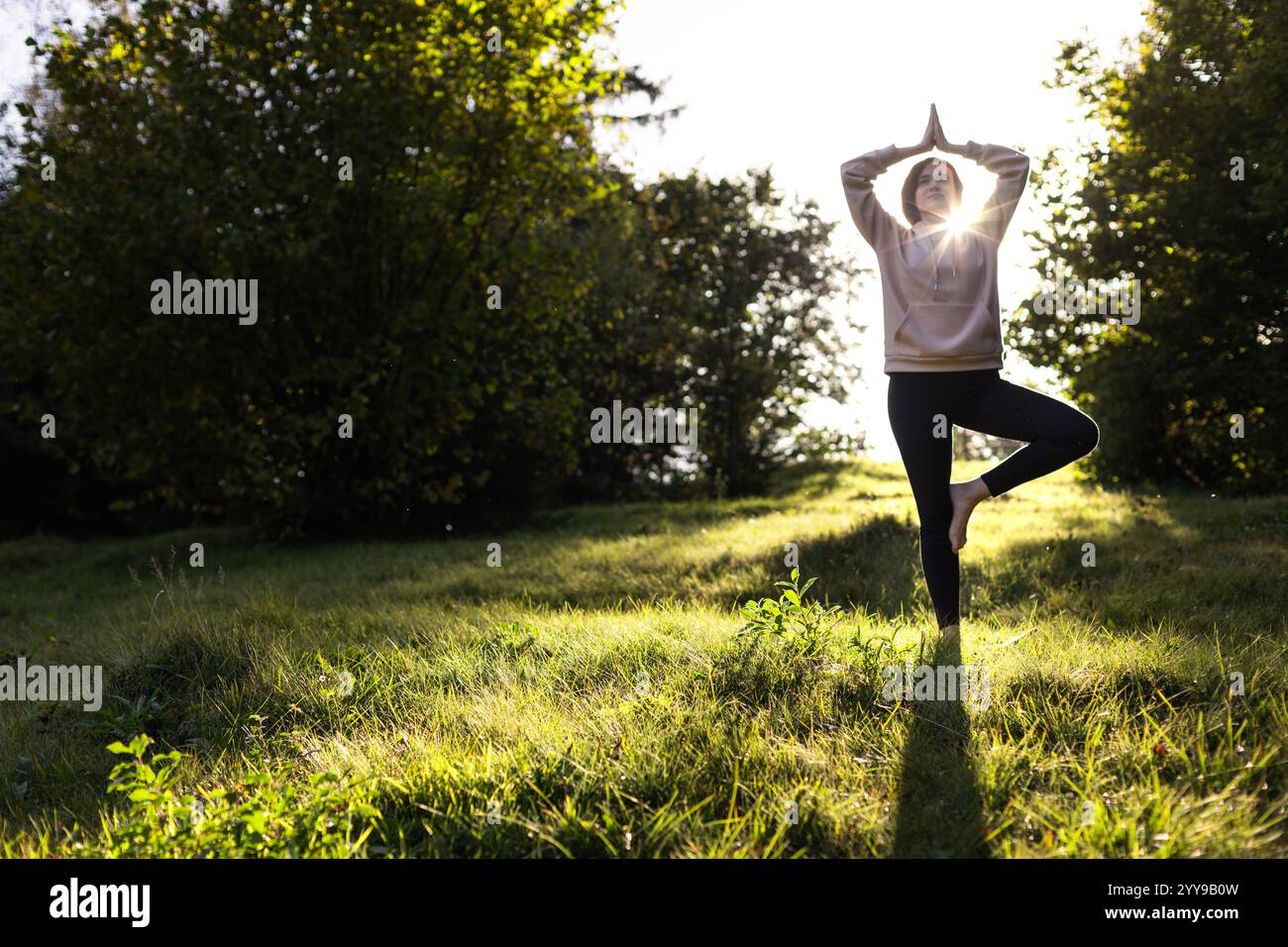 Frau, die Yoga-Baum übt, posiert Vrikshasana im Park. Weibliche Silhouette bei Sonnenuntergang. Konzept von Vitalität, Gleichgewicht, Achtsamkeit, Ruhe, Entspannung. Stockfoto