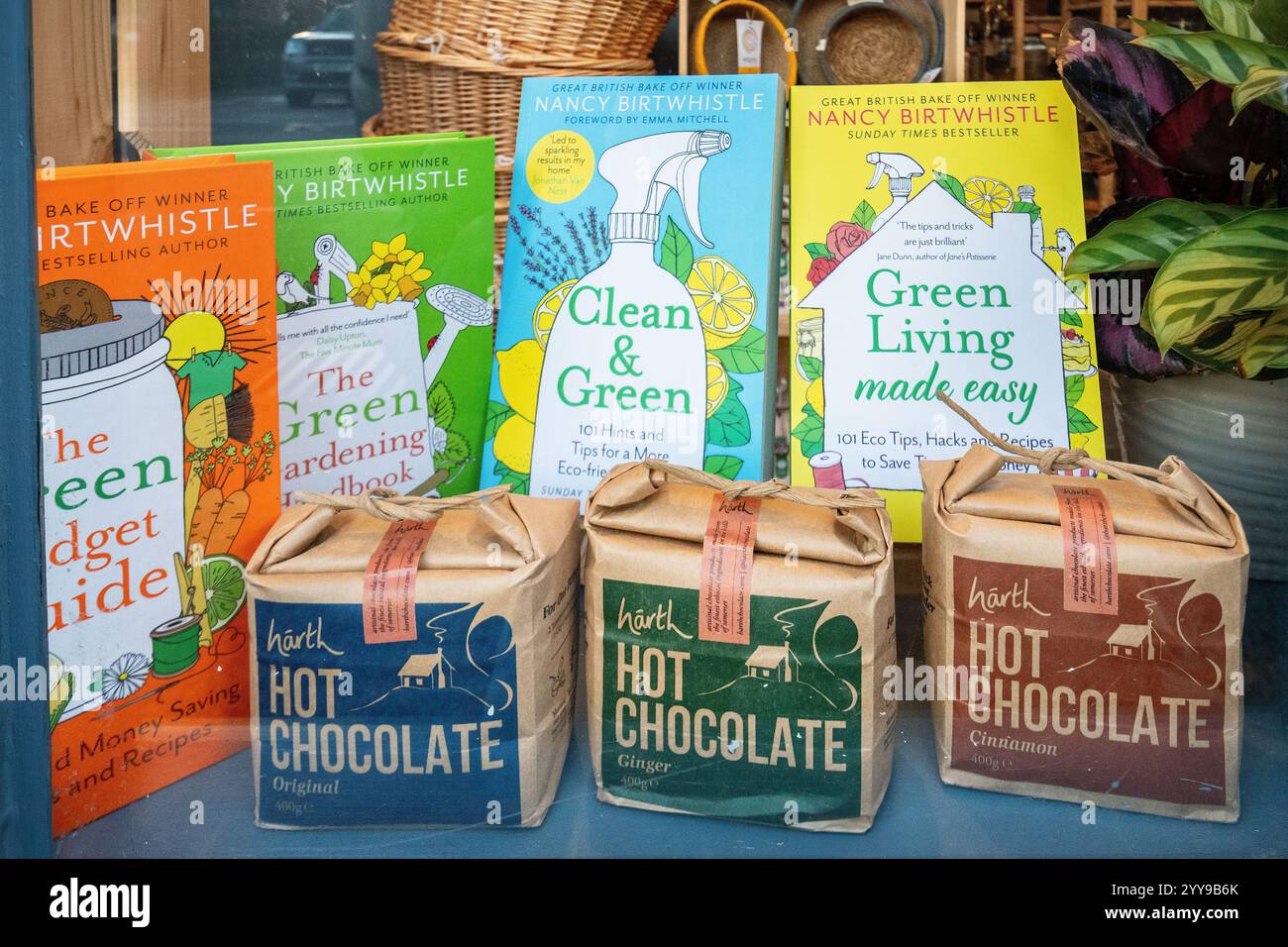 Ausstellung von Büchern über Green Living in a Shop Window von Nancy Birtwhistle, England, Großbritannien Stockfoto