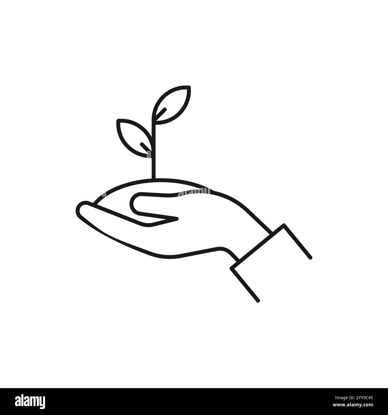 Symbol „Pflege der Anlage“. Hand, halten, sapling, Blatt. Gartenkonzept. Vektorgrafik kann für Themen wie Wachstum, Pflanzung, Ökologie verwendet werden Stock Vektor
