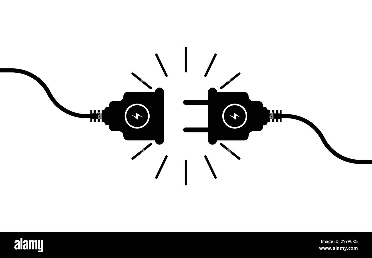Steckdose mit Stecker. Verbindungs- und Trennkonzept. Konzept der 404-Fehlerverbindung. Stecker und Steckdose getrennt. Draht, c Stock Vektor