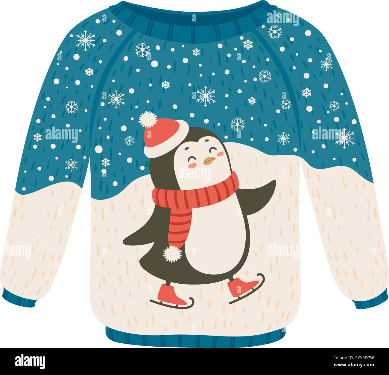 Blauer und beigefarbener Weihnachtspullover mit Schneeflocken und Schlittschuhlaufen-Pinguin mit Weihnachtsmann-Hut und rotem Schal, perfekt für Winterferien Stock Vektor