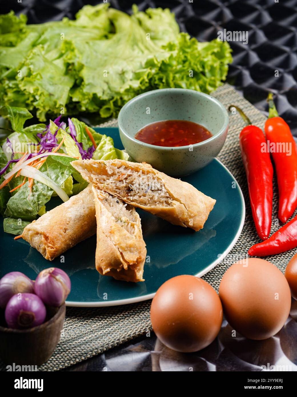 Ein köstliches vietnamesisches Vorspeisenduo: Knusprige, frittierte Fischkuchen und frische Garnelen-Frühlingsrollen, serviert mit lebendigem Salat für einen erfrischenden Crunch. Stockfoto
