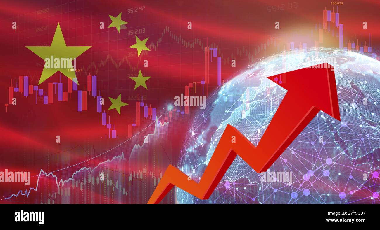 Globales Finanzwachstum mit China-Flagge. Finanzwachstum mit chinesischer Flagge auf wirtschaftlichem Hintergrund Stockfoto