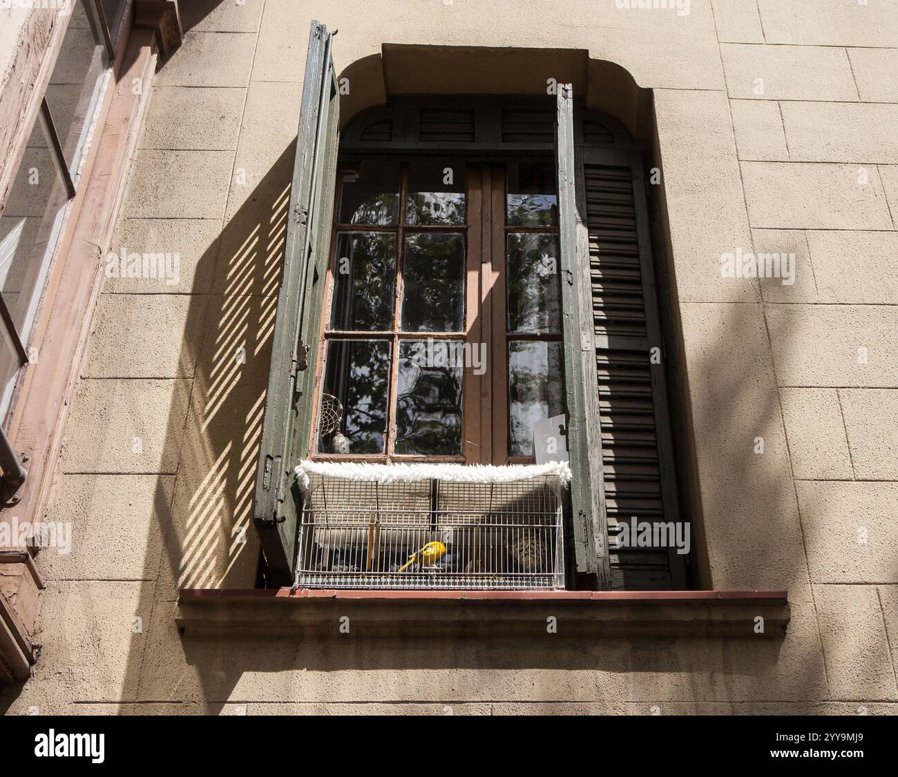 Vogel im Vogelkäfig auf einer Fensterbank eines alten Hauses in Cannes, Frankreich. Stockfoto Vogel im Vogelkäfig auf einer Fensterbank eines alten Hauses in Cannes, Frankreich. Stockfoto