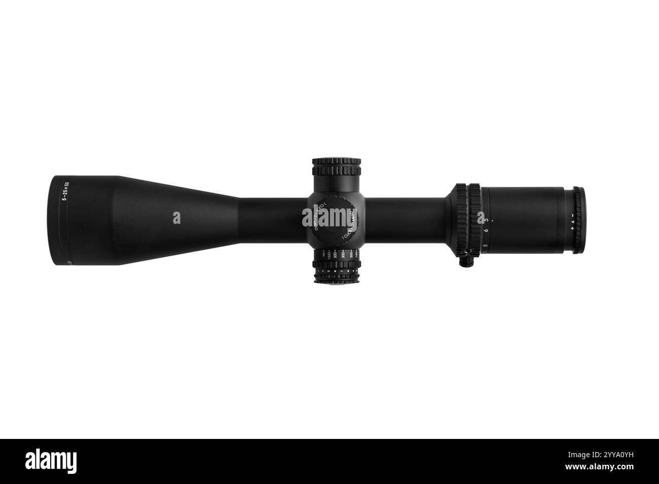 Hochwertiges Gewehrskop mit verstellbaren Türmen, schwarz matt, ideal für Präzisionsschießen und Jagd, 5-25x50 Vergrößerung, langlebige Konstru Stockfoto