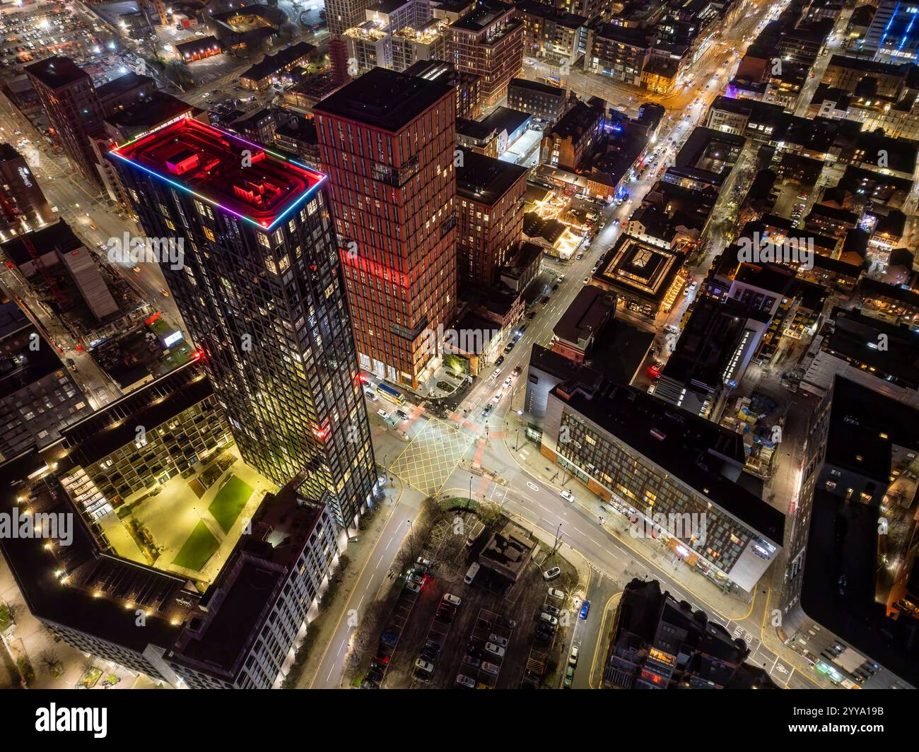 Luftaufnahme des Manchesters Northern Quarter bei Nacht Stockfoto