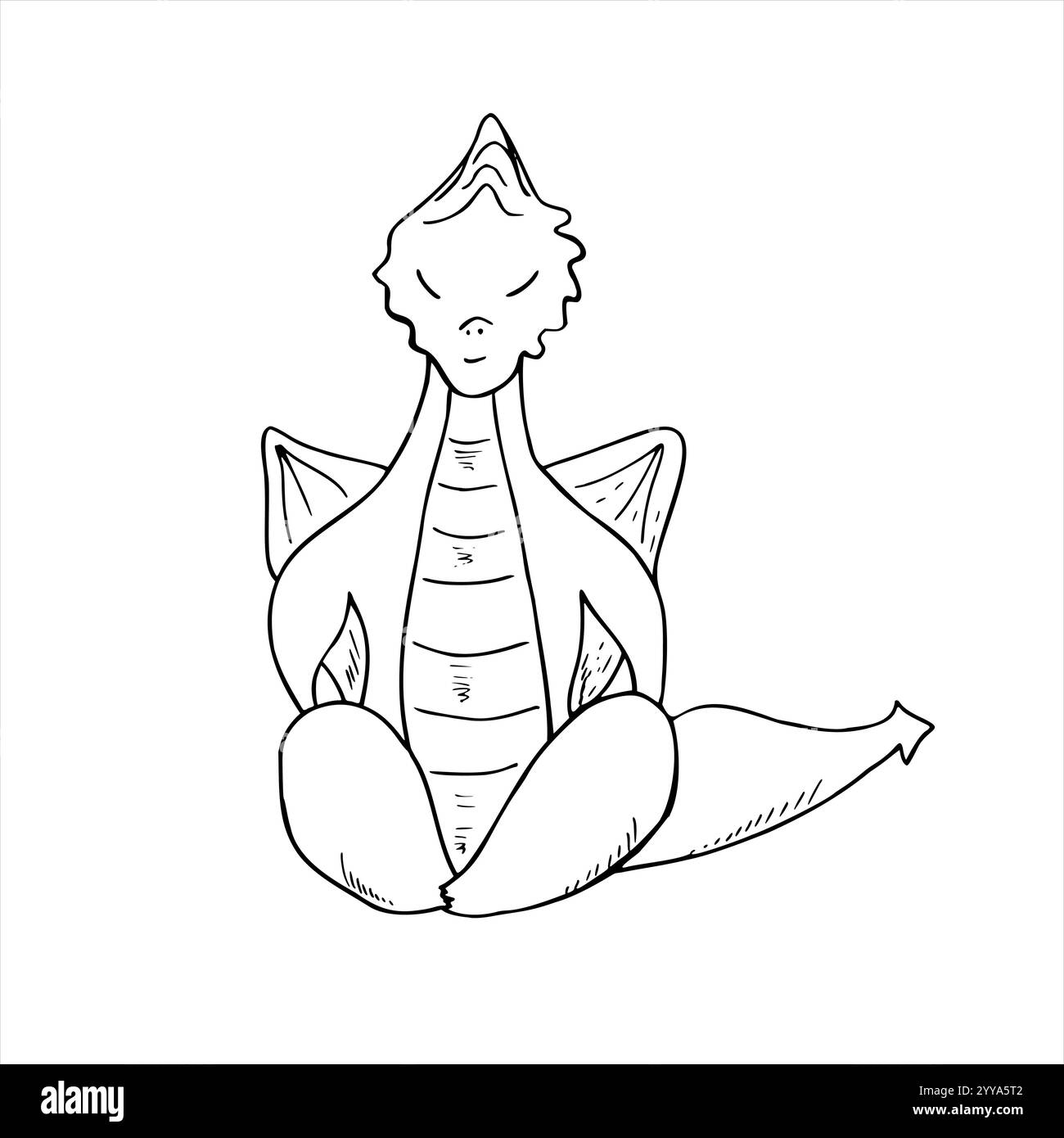 Monochromer Drache, der in Lotuspostion sitzt, mit schwarzer Tinte gemalt. . Märchenhafte Tierübungen und Meditationsgrafik Stock Vektor