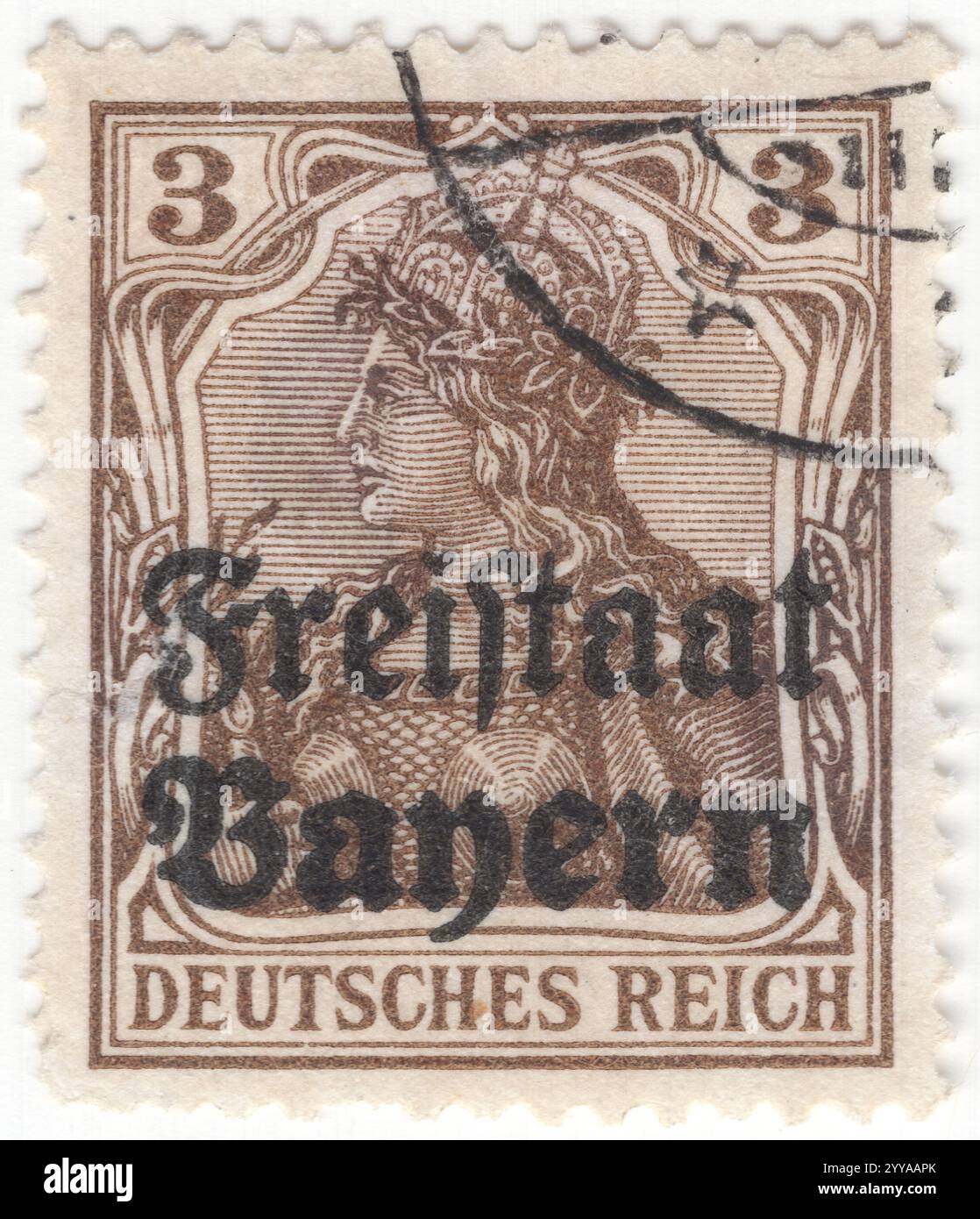 BAYERN — 1919. September 30: 3 pfennig braune Briefmarke Deutschlands mit der Allegorie „Germania“ und aufgedrucktem „Freistaat Bayern“. Es ist eine der bekanntesten Darstellungen der Germania, einer Frau, die für Deutschland steht. Eine solche nationale Allegorie gibt es auch in anderen Ländern. Das Motiv wurde oft in der Zeit des aufstrebenden Deutschen Reiches 1848/1849 und später aufgegriffen Stockfoto