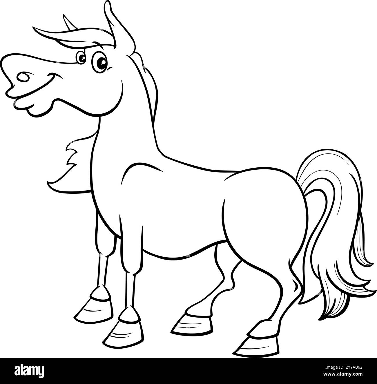 Zeichentrickillustration der lustigen Pferdefarm Tierfigur Malseite Stock Vektor