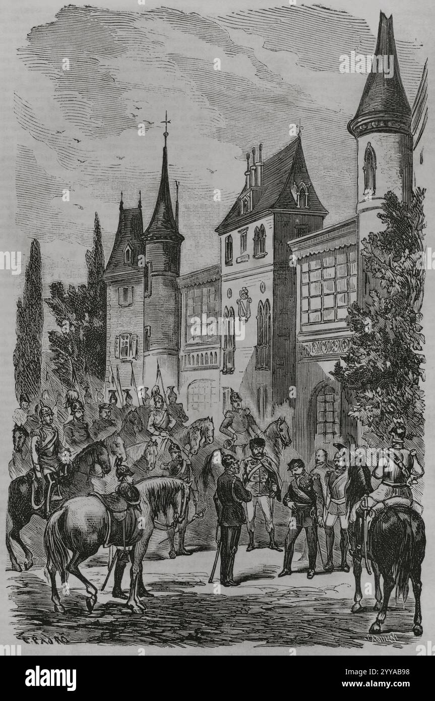 Deutsch-Französischer Krieg. Napoleon III. Gab sich nach seiner Niederlage König Wilhelm I. von Preußen nieder. 2. September 1870. Illustration von T. Padró. Kupferstich von Sadurní. Historia de la Guerra de Francia y Prusia (Geschichte des Krieges zwischen Frankreich und Preußen). Band I. veröffentlicht in Barcelona, 1870. Stockfoto