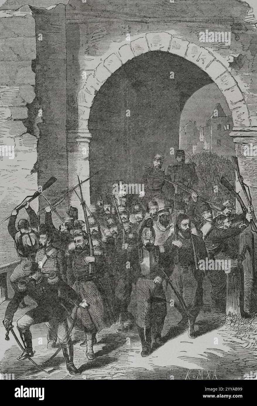 Deutsch-Französischer Krieg (1870–1871). Belagerung von Straßburg (15. August bis 28. September 1870). Am 27. September nahm General Uhrich, der die französische Garnison in der Stadt befehligte, Verhandlungen mit dem preußischen General August von Werder auf. Am nächsten Tag kapitulierte Straßburg. Die Straßburger Garnison warf ihre Waffen nach der Kapitulation. Gravur. Historia de la Guerra de Francia y Prusia (Geschichte des Krieges zwischen Frankreich und Preußen). Band I. veröffentlicht in Barcelona, 1870. Stockfoto