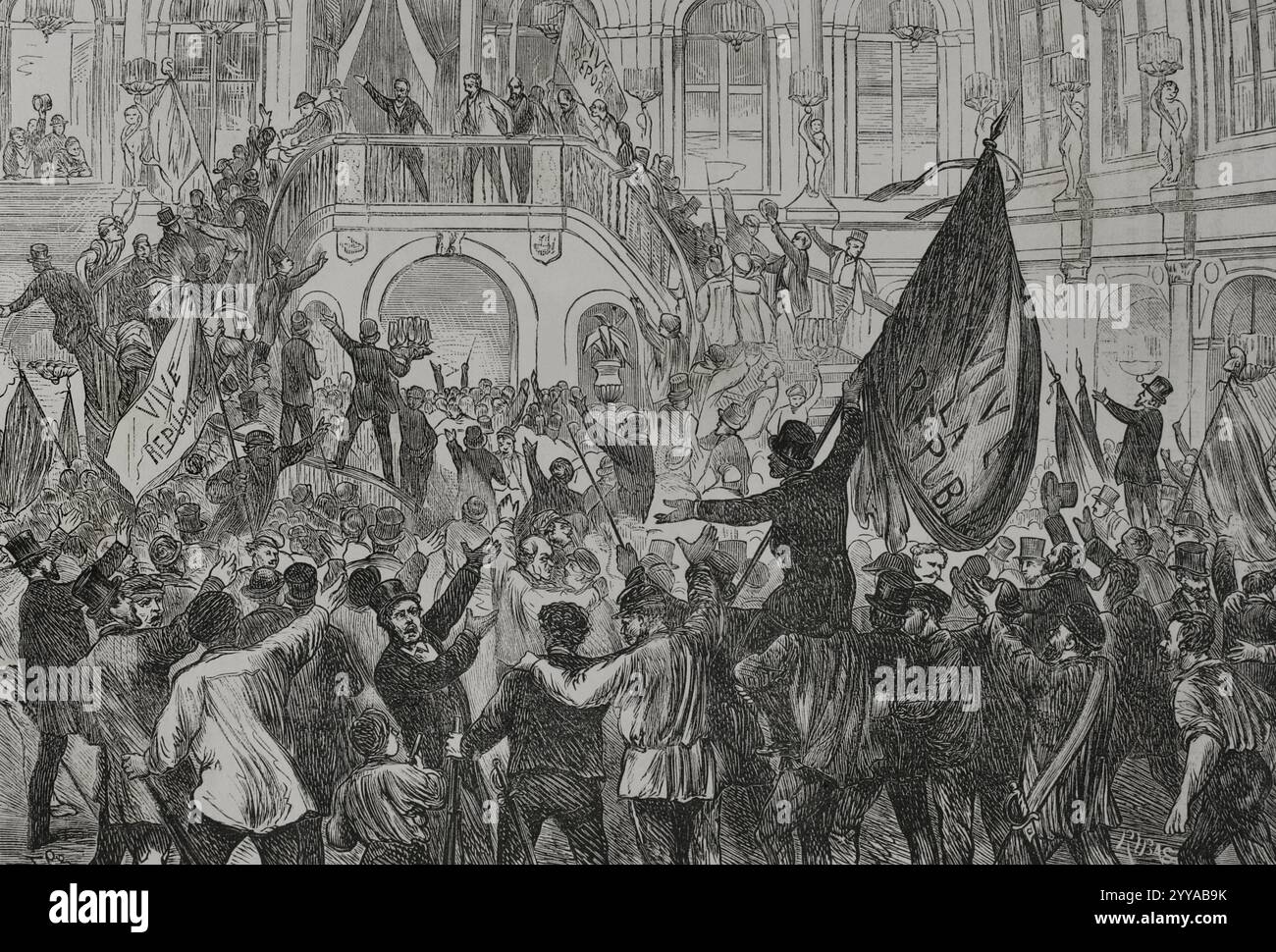 Geschichte Frankreichs. Am Sonntag, dem 4. September 1870, rief Léon Gambetta (1838–1882), Mitglied der Regierung der Nationalen Verteidigung, die Französische Dritte Republik auf dem Place de l’Hôtel-de-Ville in Paris aus, nachdem das zweite Reich nach der Niederlage Sedans, der Gefangennahme Napoleons III. Und das Getümmel des Pariser Volkes und der Republikaner gefallen war. Ausrufung der Französischen Republik in Paris. Gravur von Ribas. Historia de la Guerra de Francia y Prusia (Geschichte des Krieges zwischen Frankreich und Preußen). Band I. veröffentlicht in Barcelona, 1870. Stockfoto