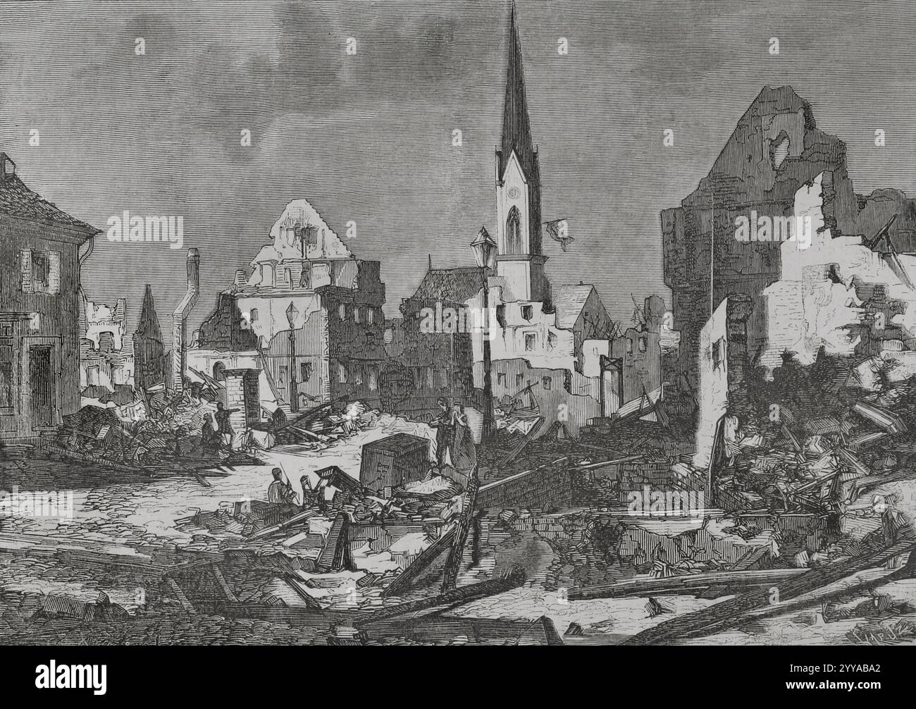 Deutsch-Französischer Krieg (1870–1871). Die Hauptstraße der Stadt Kehl, gegenüber Straßburg, nach der Bombardierung durch französische Artillerie. Gravur von Capuz. Historia de la Guerra de Francia y Prusia (Geschichte des Krieges zwischen Frankreich und Preußen). Band I. veröffentlicht in Barcelona, 1870. Stockfoto